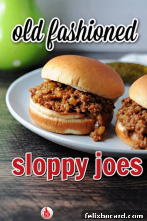 A Pinterest pin image featuring two sloppy joes on buns, along with text promoting 'Old Fashioned Sloppy Joes Recipe'.