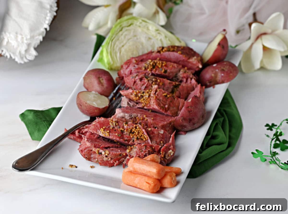 Platter of sliced corned beef made in the Instant Pot. Can be made with or without Cabbage.