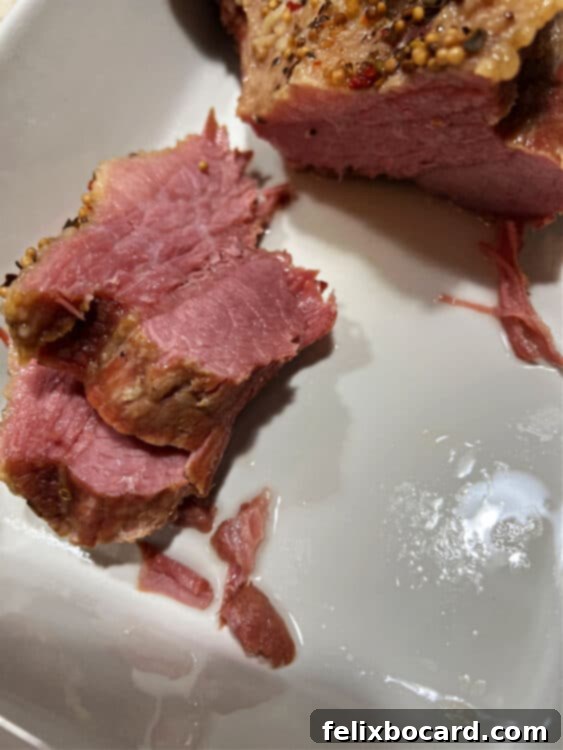 2 slices of Instant Pot cooked corned beef cooked with no cabbage.