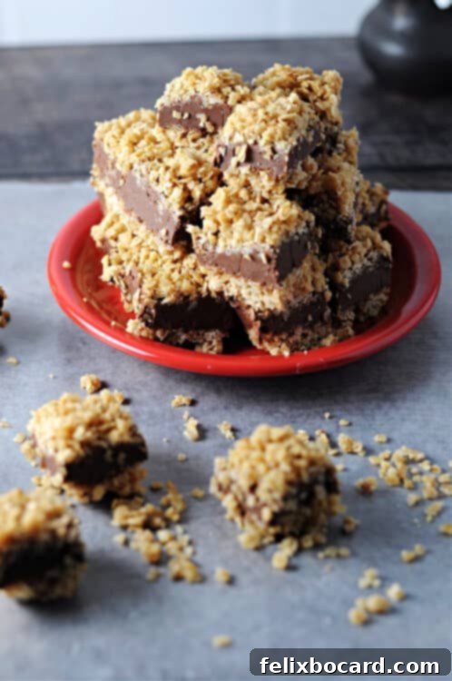 A stack of golden brown and chocolate no-bake chocolate peanut butter oatmeal bars on a small red plate, with loose oats and a few smaller bars scattered in front.