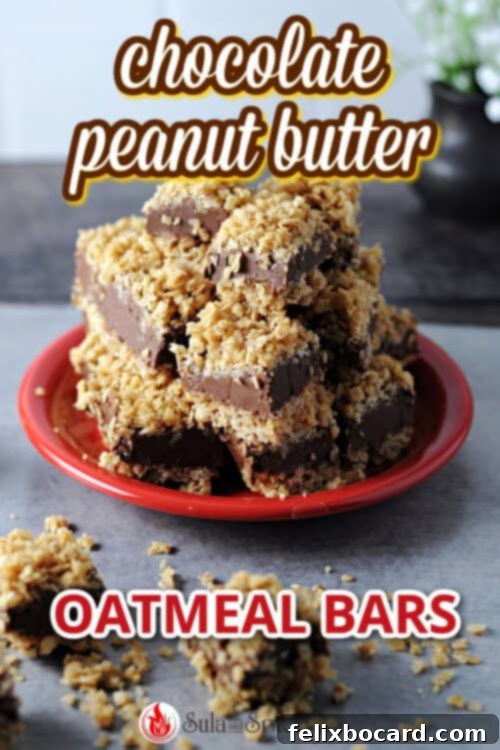 A Pinterest-friendly vertical image showing a close-up of the no-bake chocolate peanut butter oatmeal bars with the text 'Chocolate Peanut Butter Oatmeal Bars'.