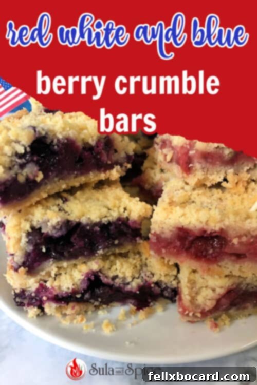 Star Spangled Berry Crumble Bars 5 Pin for red white and blue berry crumble bars, showing a delicious square piece ready to be enjoyed.