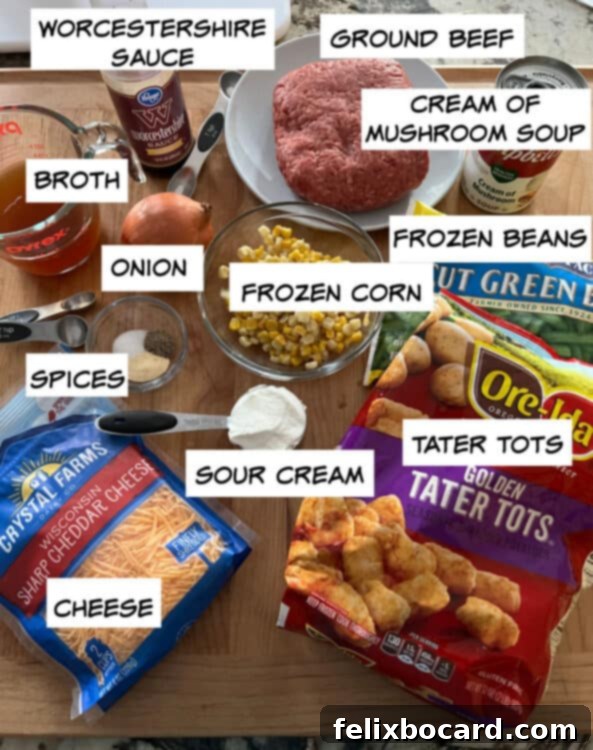 ingredients: ground beef, worcestershire sauce, cream of mushroom soup, onion, broth, beans, corn, spices, cheese, sour cream, tater tots.