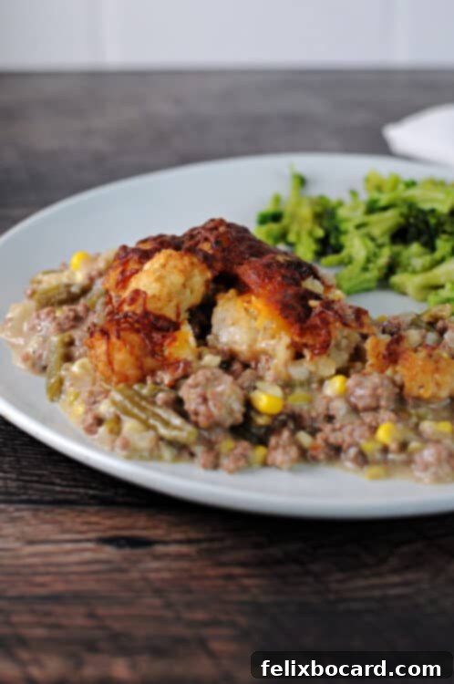 serving of tater tot cassserole on a plate.