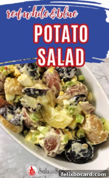 Pin graphic for a Red, White, and Blue Potato Salad recipe, ideal for patriotic holidays.
