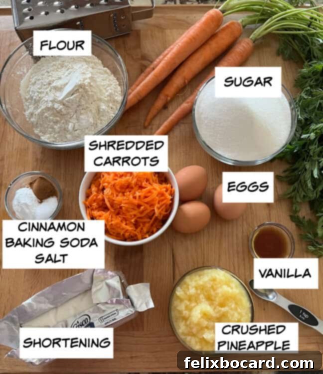 ingredients: flour, sugar, shredded carrots, eggs, crushed pineapple, vanilla, shortening, cinnamon, baking soda, and salt.