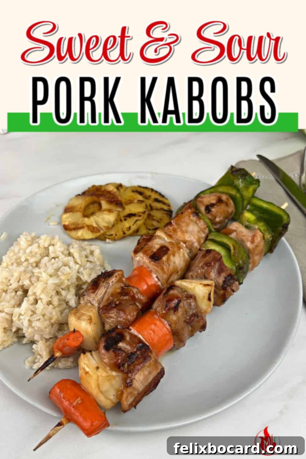 Pinterest pin image for sweet and sour pork kabobs recipe.
