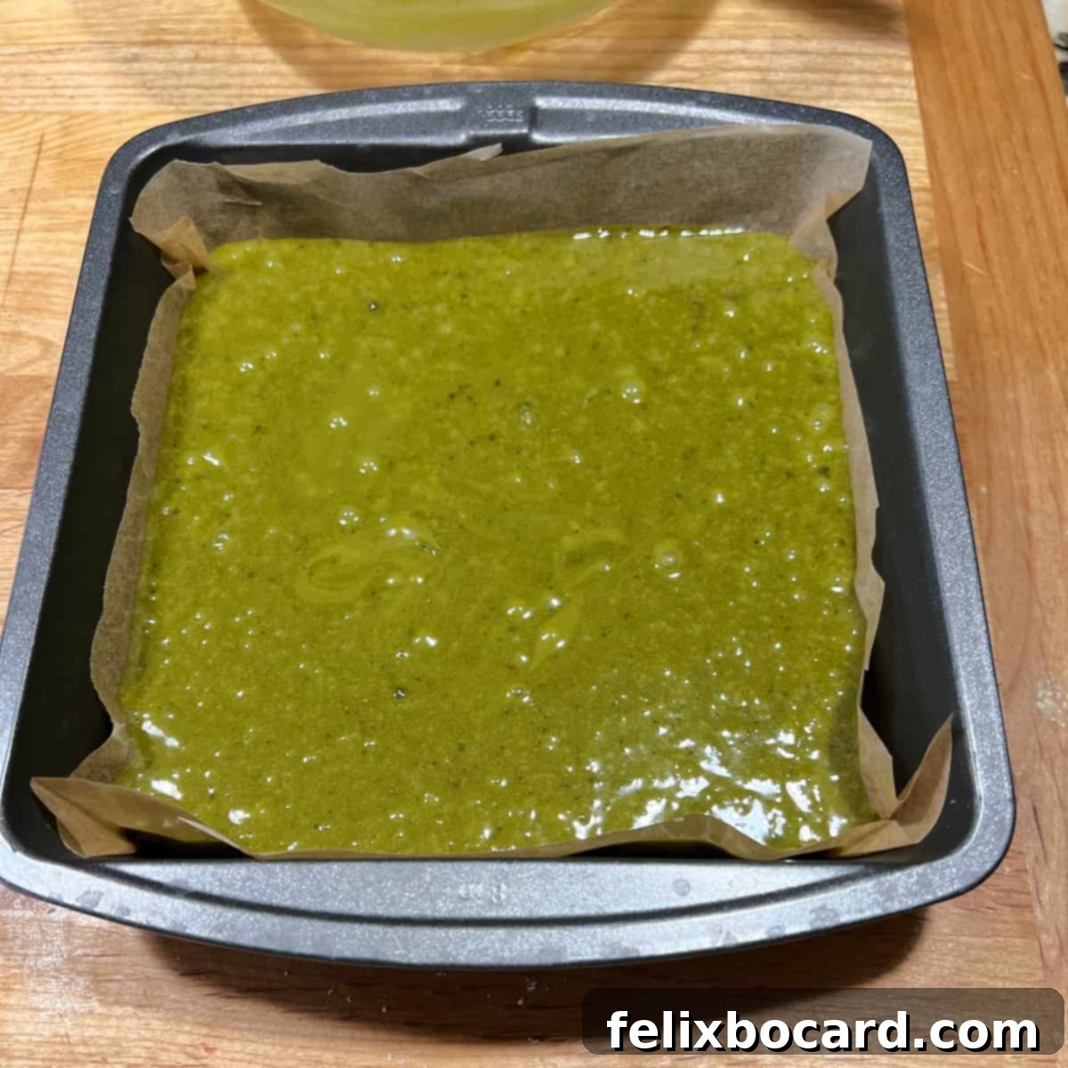 matcha brownie batter in the pan