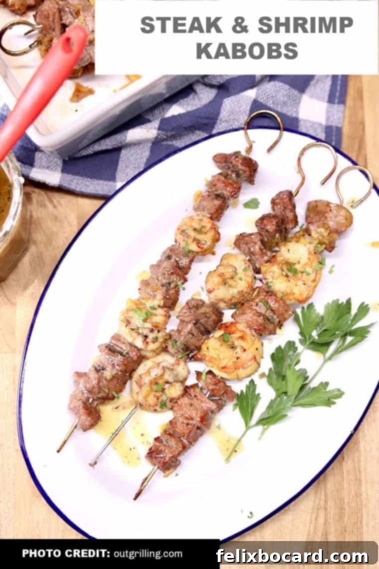Delicious steak and shrimp kabobs with a flavorful orange glaze, perfect for grilling.