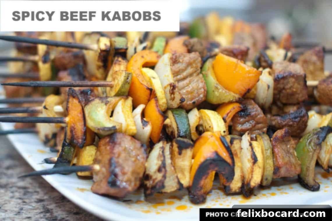 Spicy beef kabobs made with a flavorful, easy marinade and packed with meat and vegetables.