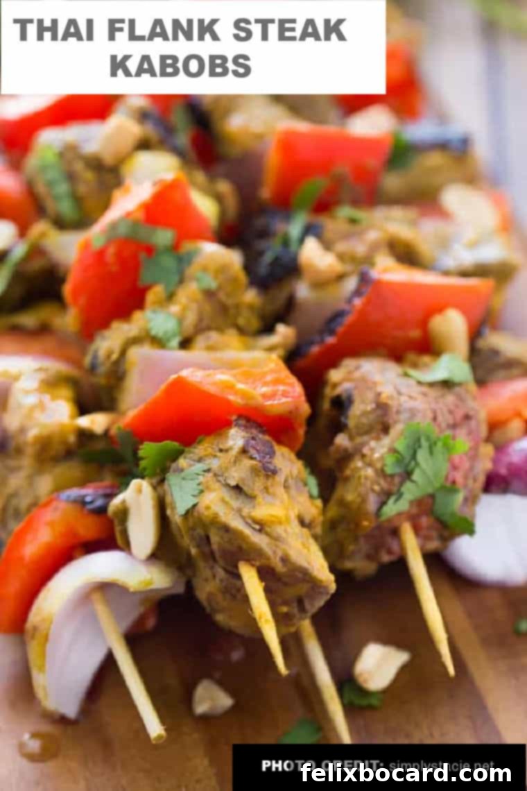 Mouthwatering Thai flank steak kabobs with lime, chili, and peanut flavors, perfect for a barbecue.