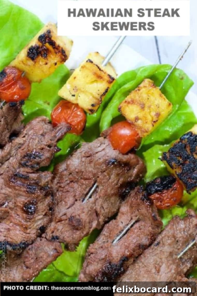 Sweet and savory Grilled Hawaiian Steak Skewers with pineapple and bell peppers, perfect for a summer barbecue.
