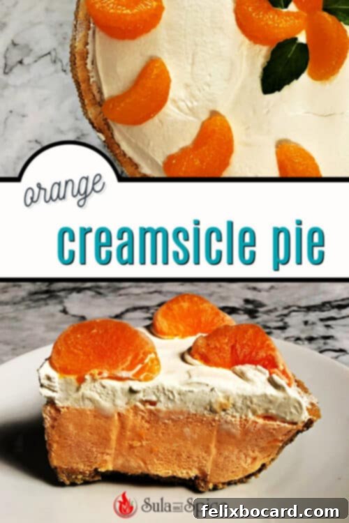 A Pinterest-optimized graphic for No-Bake Creamsicle Pie, featuring a delicious slice and bold text encouraging sharing.