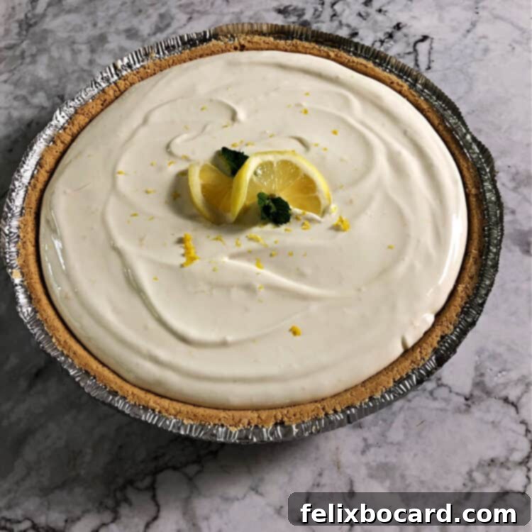 A whole, uncut lemonade pie beautifully garnished with a fresh lemon slice, ready to be served.