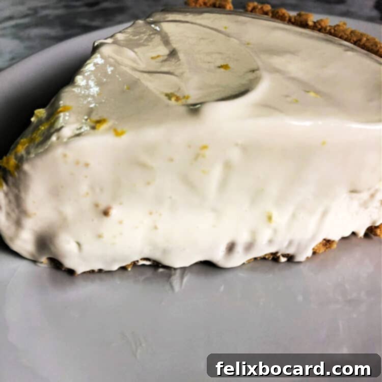 A delectable slice of lemonade pie presented on a pristine white plate, garnished for serving.