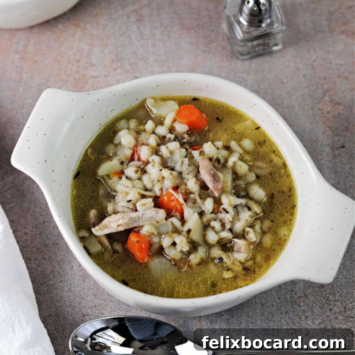 Bowl of chicken and barley soup, ready to eat.