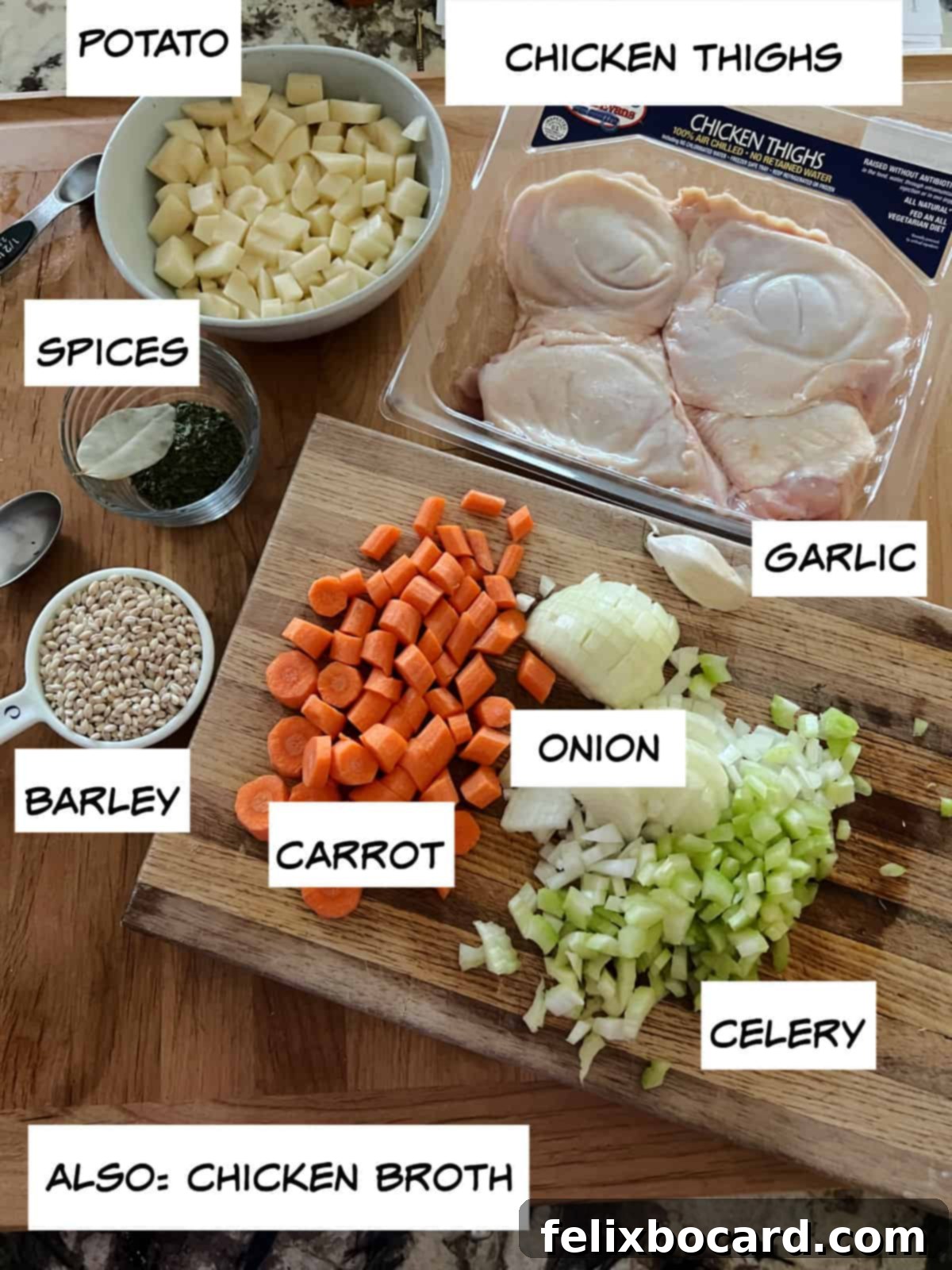 Ingredients needed for a homemade Instant Pot chicken barley soup.