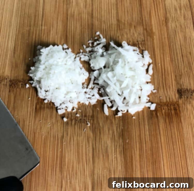 Comparison of two small piles of shredded coconut: finely chopped coconut on the left, and standard shredded coconut straight from the bag on the right, highlighting the textural difference.