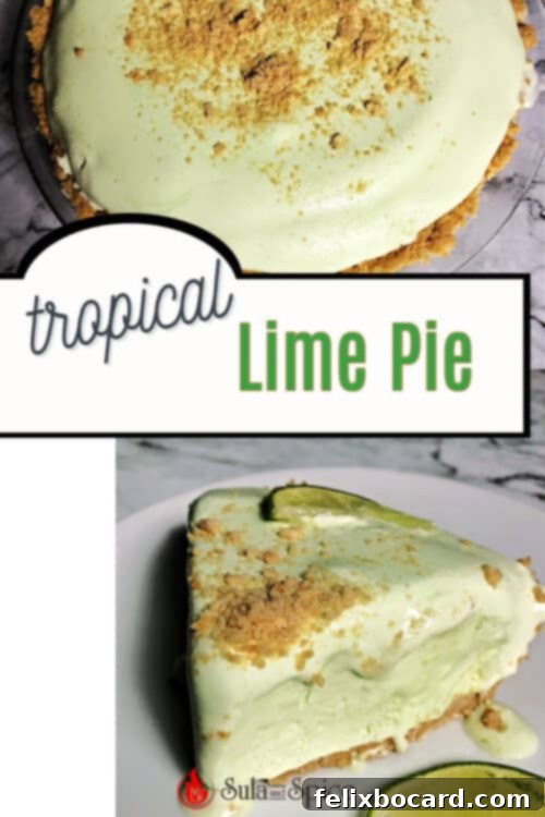 Pinterest pin graphic for Frozen Tropical Lime Pie, showcasing a vibrant slice with a creamy green filling and golden crust, ready for summer enjoyment.