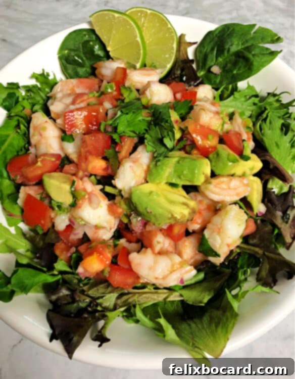 bowl with salad greens topped with shrimp avocado salad