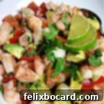 close up of lime shrimp avocado salad
