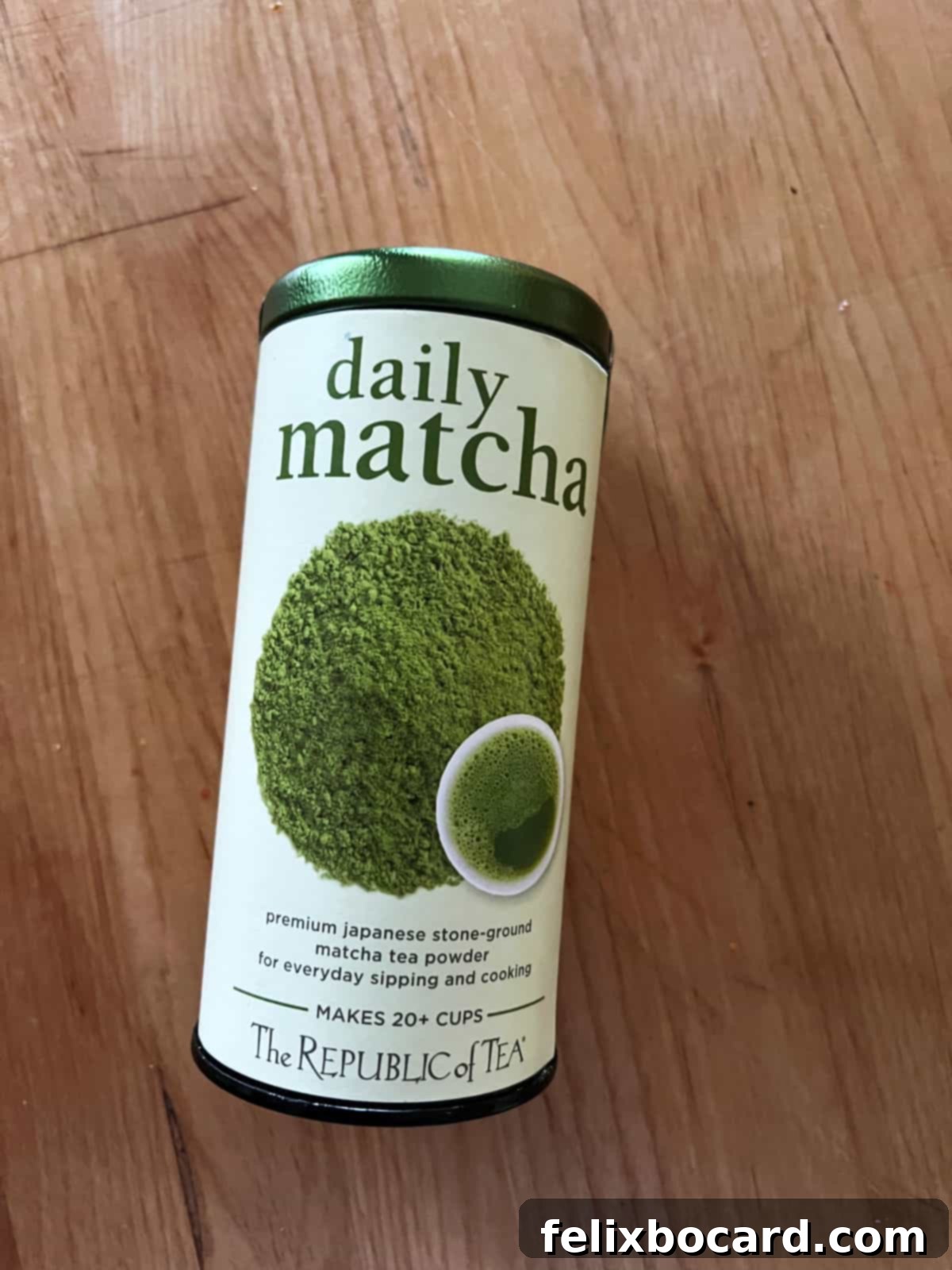 Tin of matcha powder for baking.