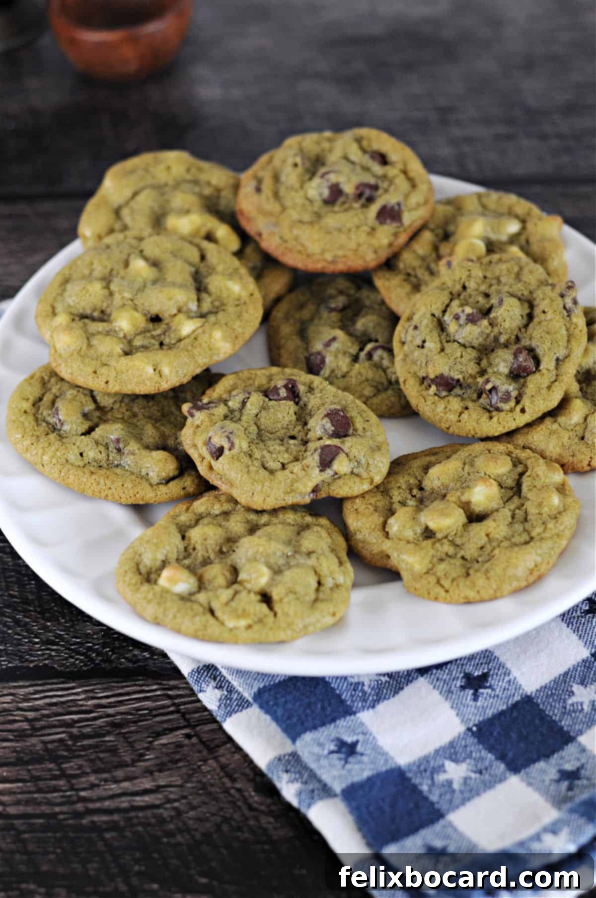 Plate of matcha chocolate chip cookies.