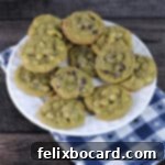 Plate of matcha chocolate chip cookies.