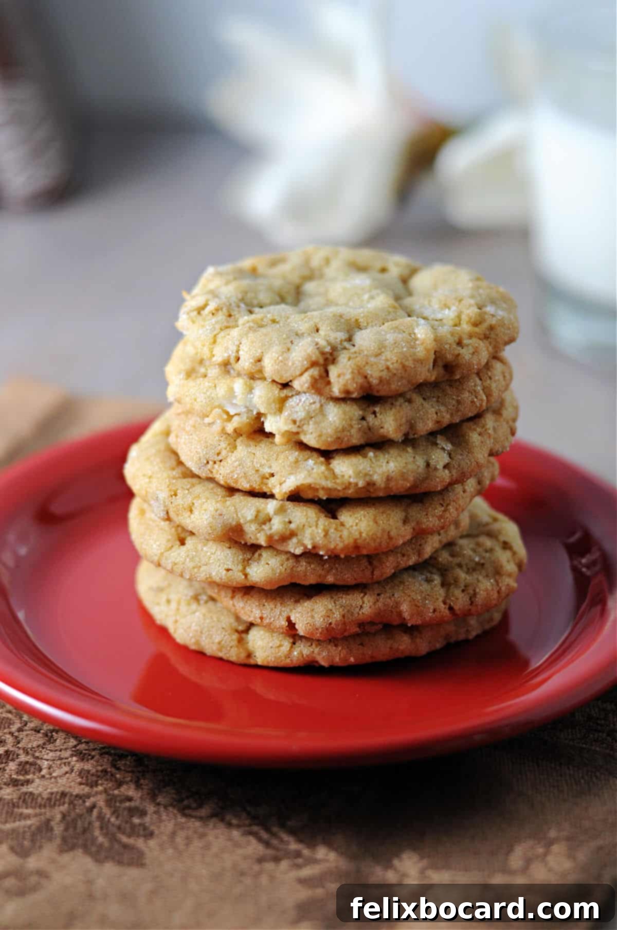 Small red plate with a stack of crispy chewy oatmeal coconut cookies.