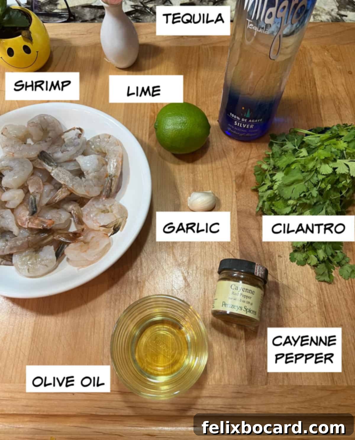 Fiesta Lime Grilled Shrimp Skewers 3 Ingredients: shrimp, tequila, lime, garlic, cilantro, cayenne pepper, olive oil.