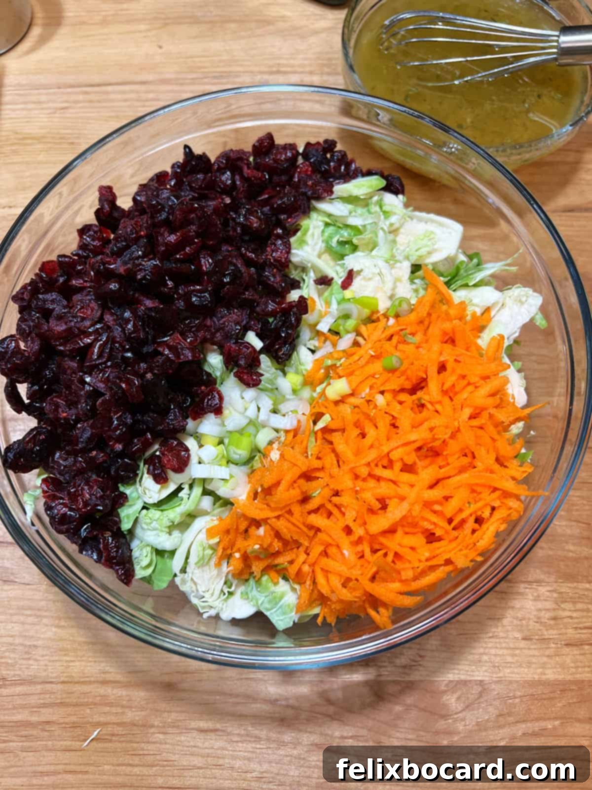 Brussels Sprouts and Cranberry Salad 6 A large mixing bowl filled with the colorful, prepared salad ingredients: shredded Brussels sprouts, carrots, craisins, and sliced green onion, before the dressing is added.