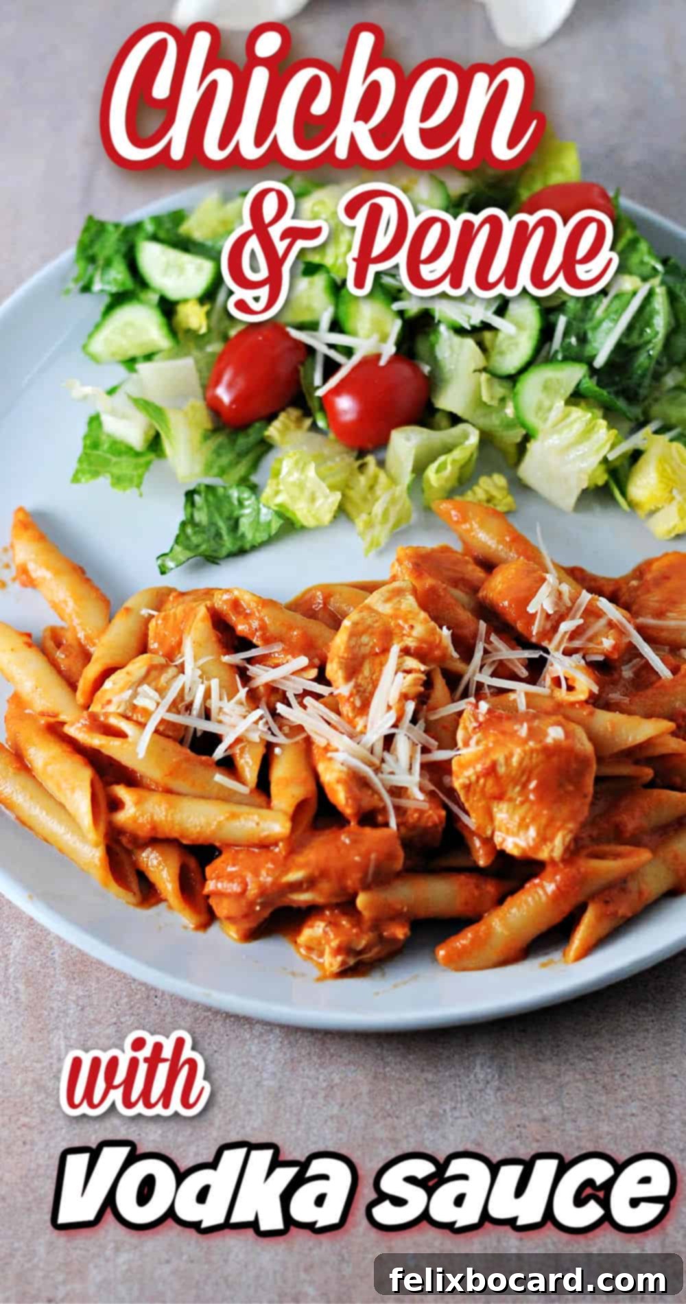 Pinterest pin for creamy chicken penne alla vodka sauce, showing a full plate of the pasta dish.