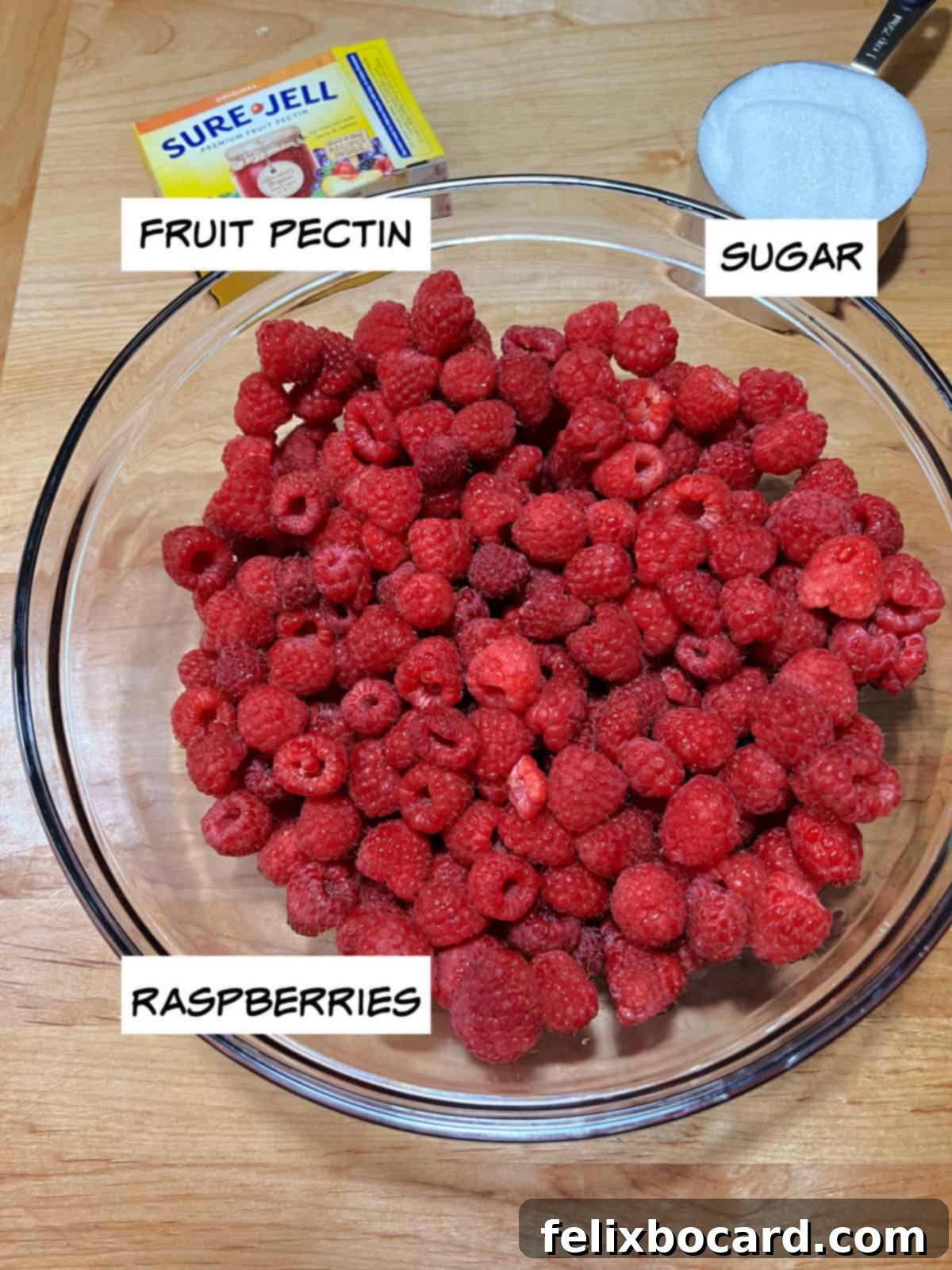 raspberries, sugar and pectin ingredients.