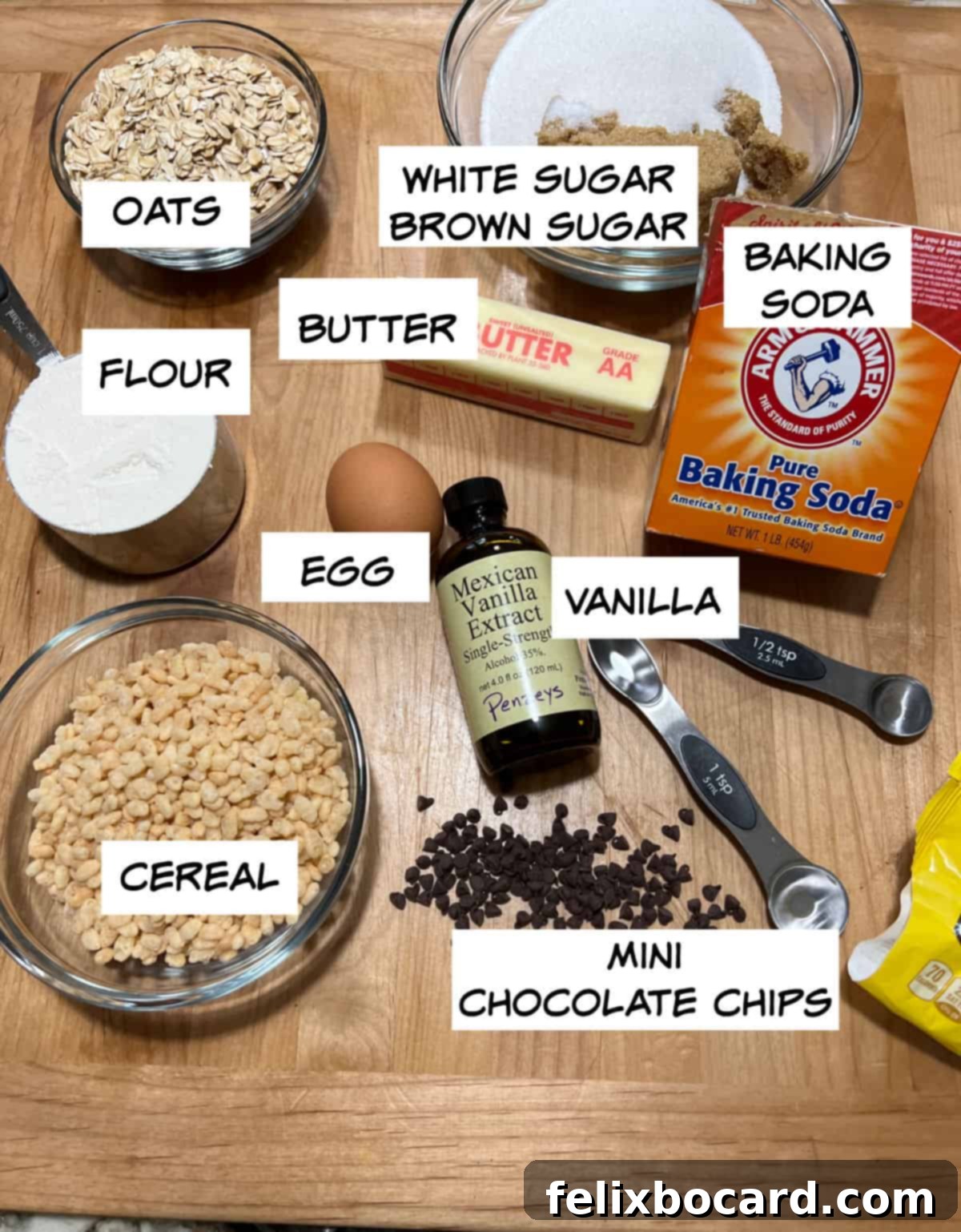 Chocolate Chip Cookies with a Crispy Secret 3 A flat lay image of ingredients: oats, sugars, baking soda, butter, vanilla, egg, flour, Rice Krispies cereal, and chocolate chips laid out for an oatmeal rice krispie cookie recipe.