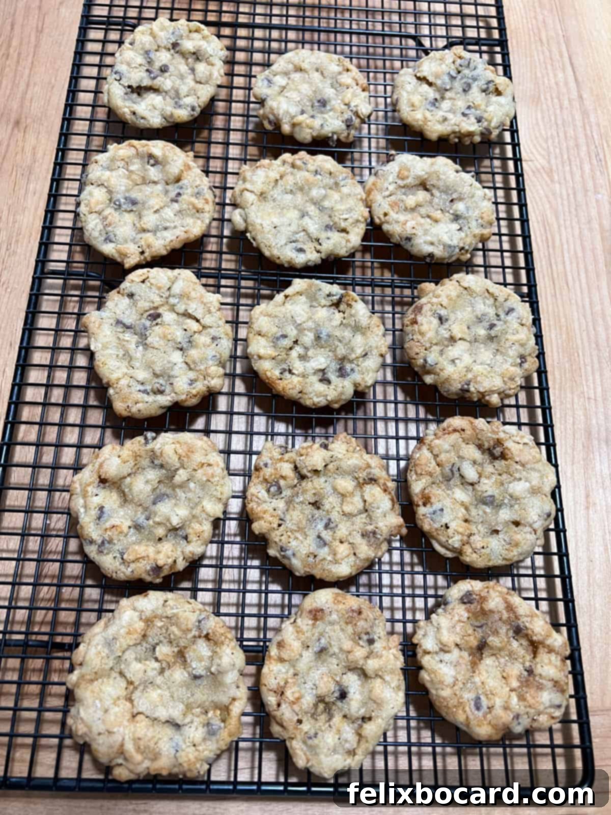 Chocolate Chip Cookies with a Crispy Secret 5 Freshly baked oatmeal rice krispie cookies cooling on a wire rack, steam gently rising, ready to be enjoyed.