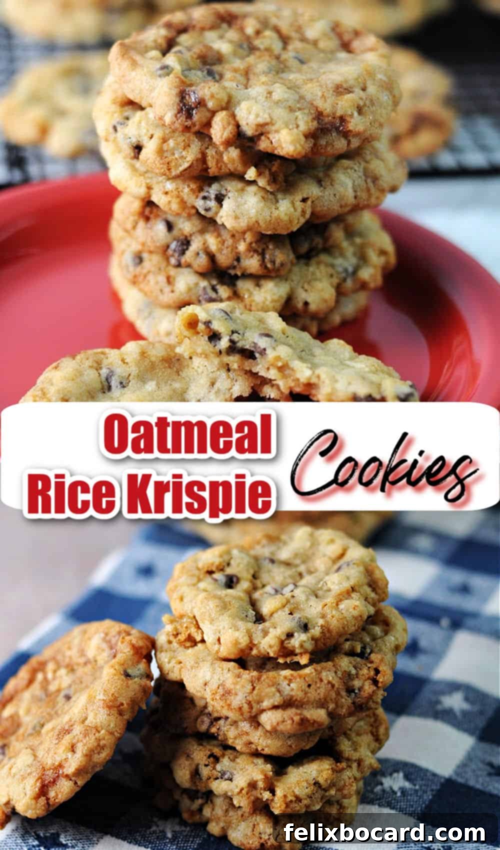Chocolate Chip Cookies with a Crispy Secret 6 Pin for oatmeal rice krispie cookies, featuring a stack of cookies with text overlay for sharing on social media.
