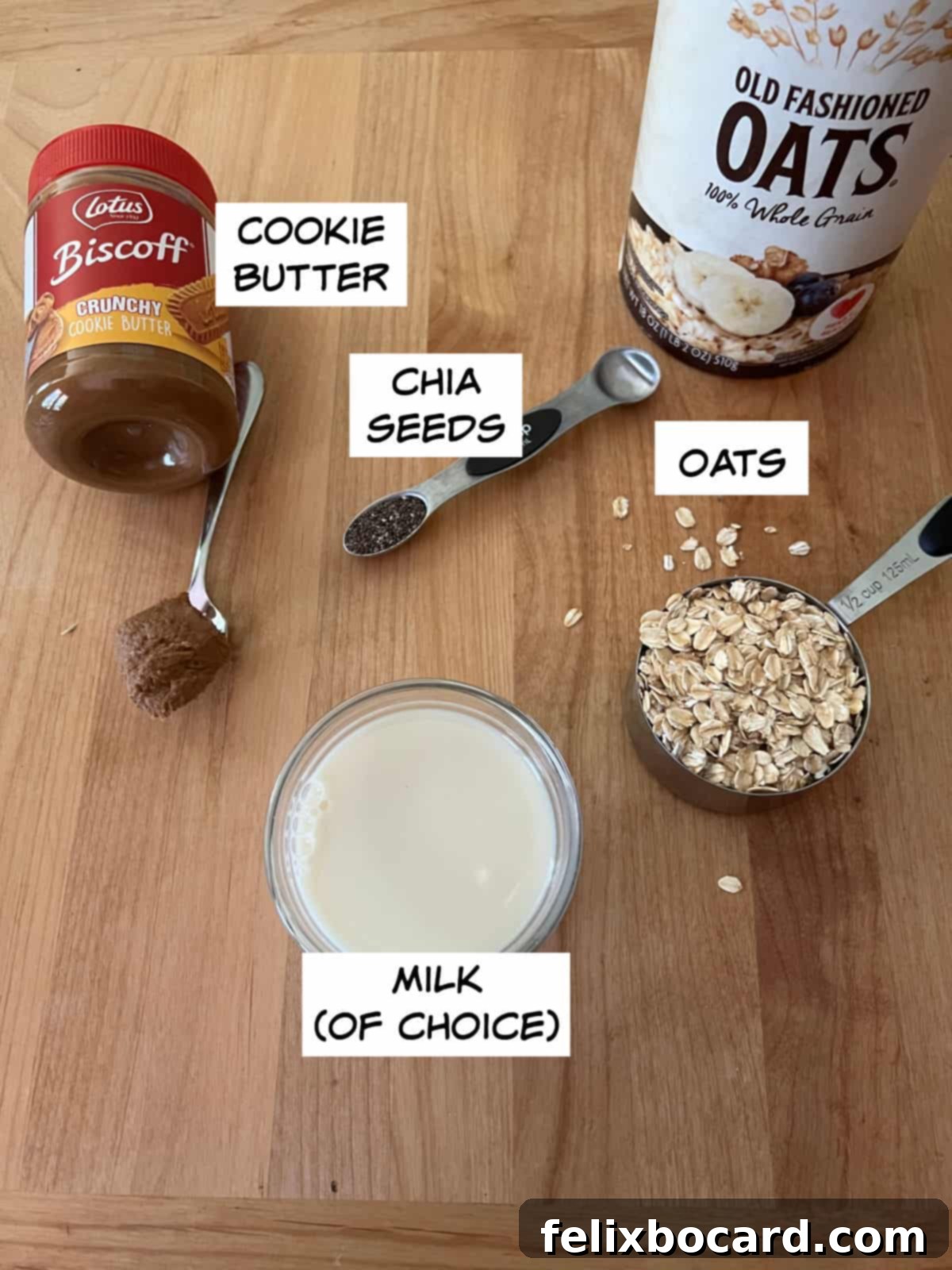 Ingredients for Biscoff overnight oats: cookie butter spread, old fashioned oats, chia seeds, and milk.