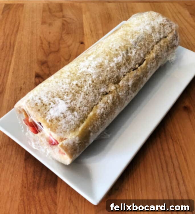 Strawberry Shortcake Swirl 4 Assembled strawberry shortcake roll wrapped tightly in plastic for chilling