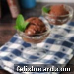 scoop of chocolate nice cream in a footed glass dessert dish, garnished with a sprig of mint.