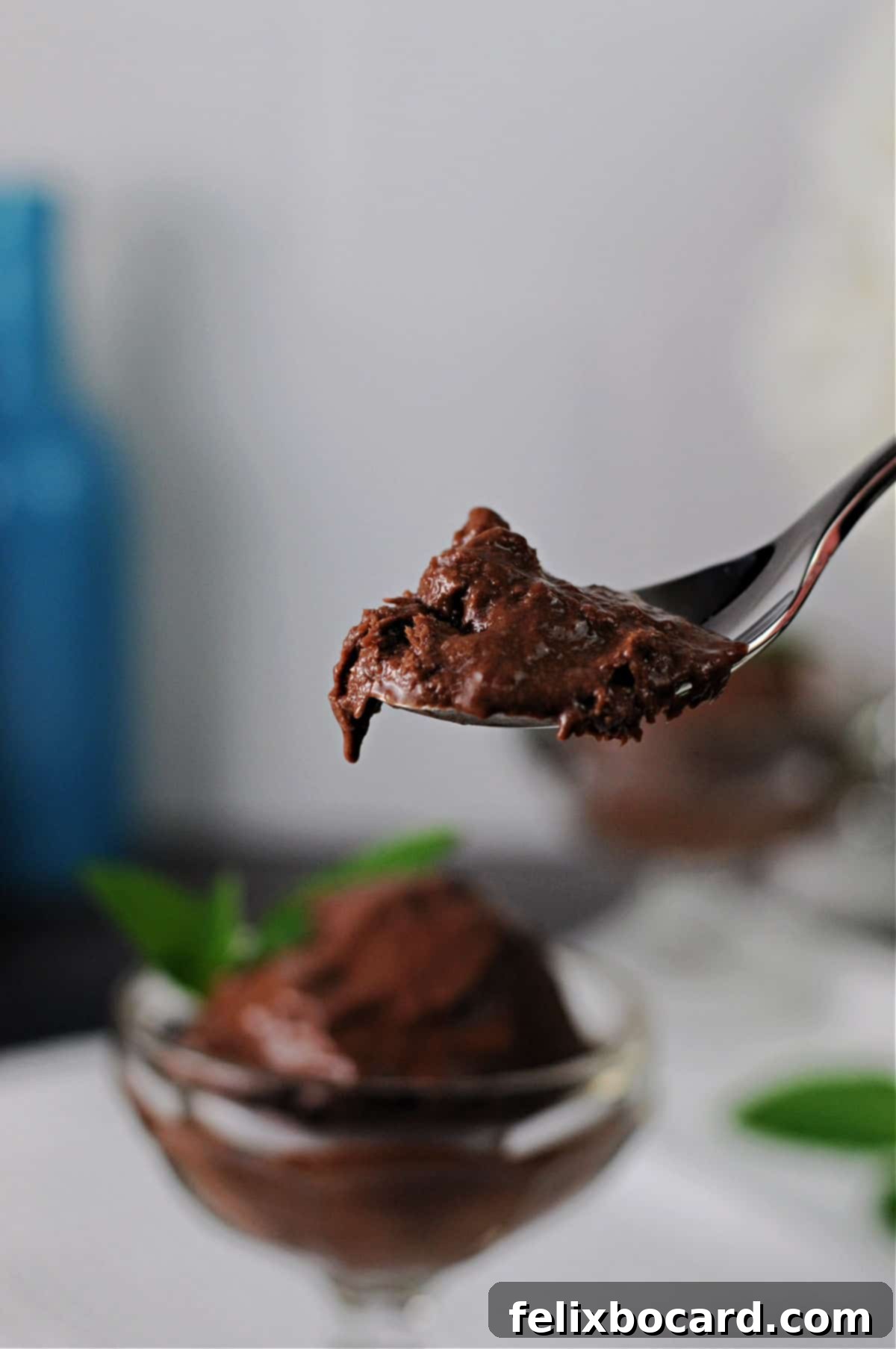 spoon holding some chocolate nice cream above a dish of the same.