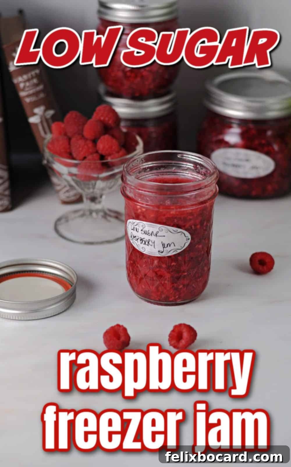 Homemade Reduced Sugar Raspberry Freezer Jam 9 pin for low sugar raspberry freezer jam.