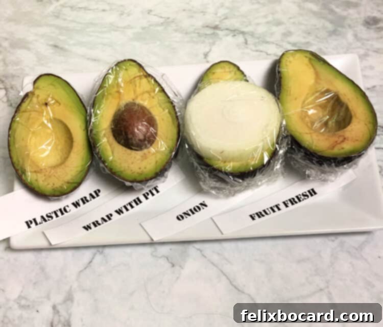 Cut avocado halves after 24 hours with various preservation methods