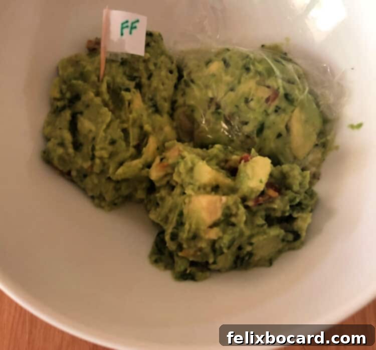 Guacamole portions after 24 hours in the refrigerator, showing minimal changes