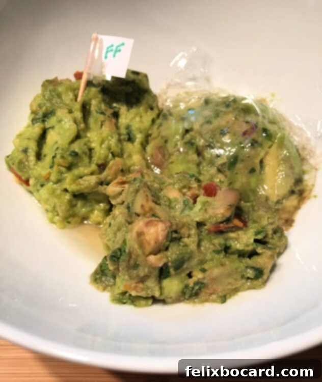 Guacamole portions after 8 hours at room temperature, showing browning in untreated section