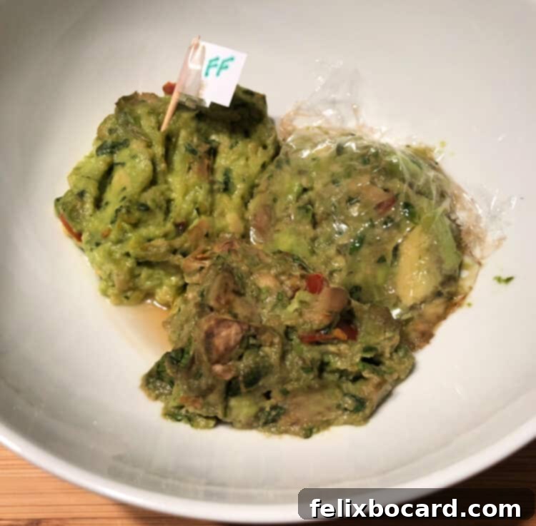 Guacamole portions after 12 hours at room temperature, with increased browning