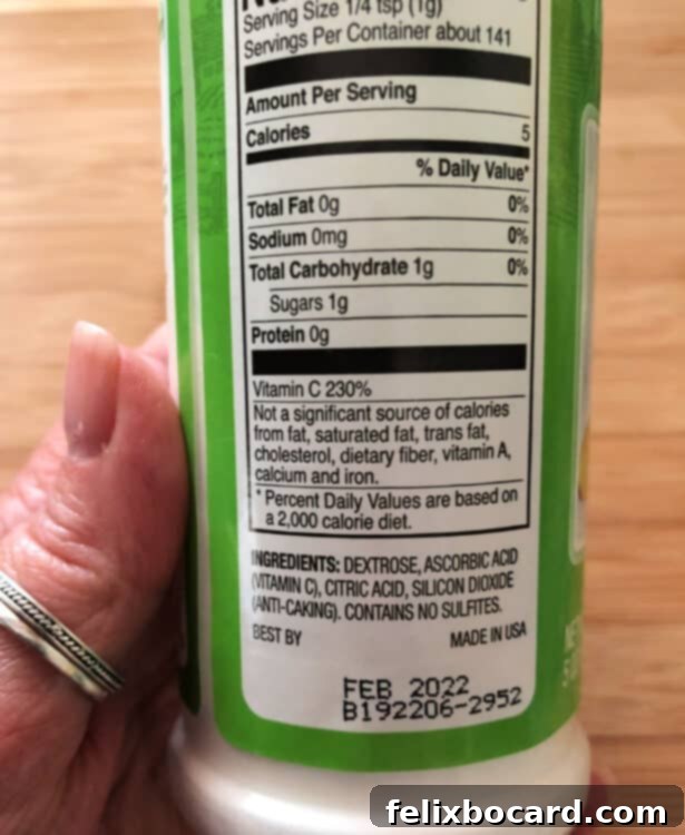 Ingredients label of Fruit Fresh, showing citric and ascorbic acid