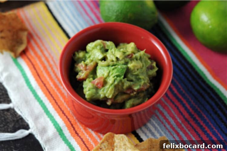 Ultimate Avocado Fiesta 2 Vibrant green guacamole in a rustic red bowl, resting on a brightly striped woven blanket, ready for dipping.