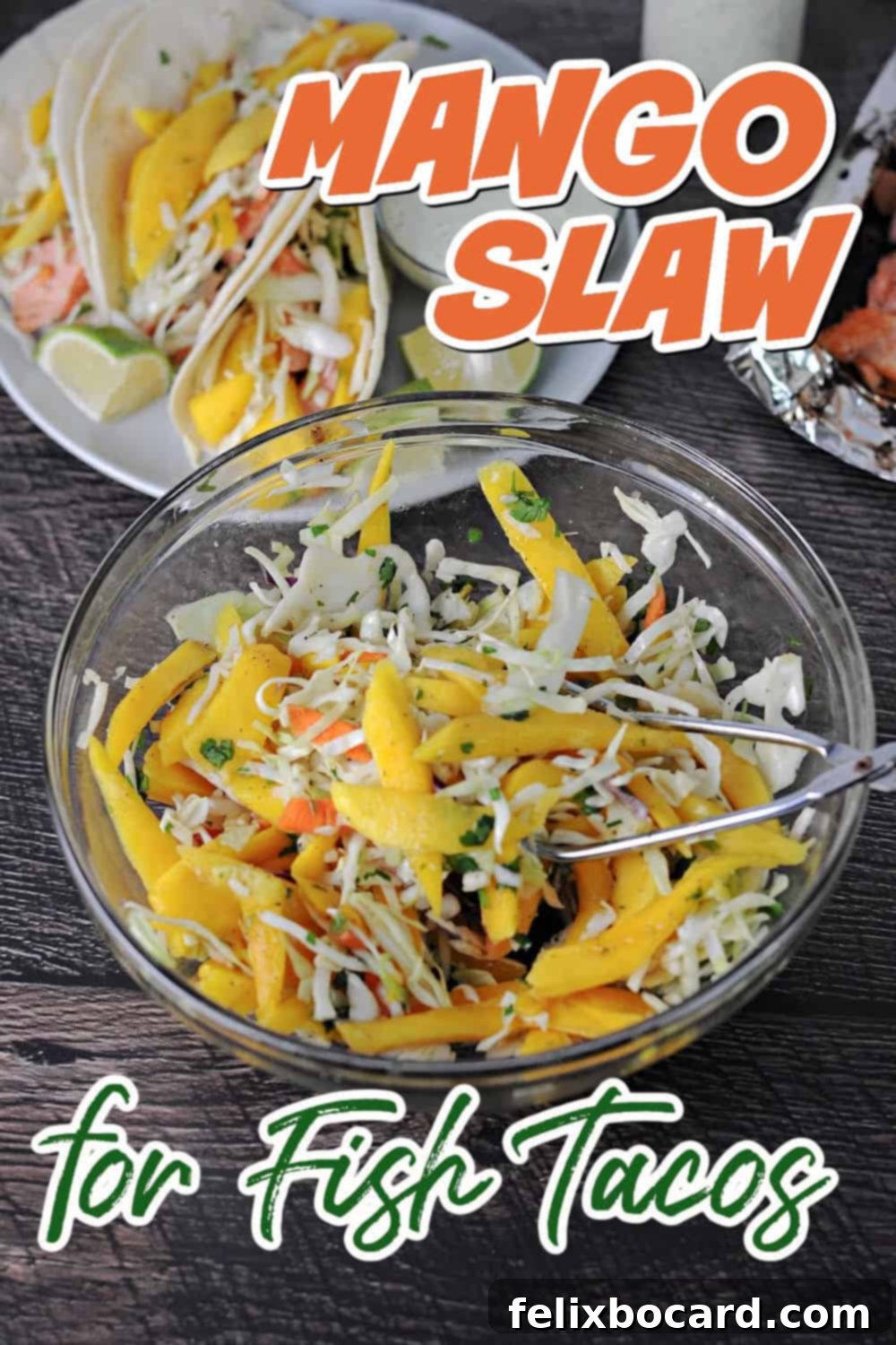Tropical Mango Slaw for Fish Tacos 6 A Pinterest-optimized image featuring a beautifully plated fish taco with mango slaw, ideal for sharing and saving this recipe for later.