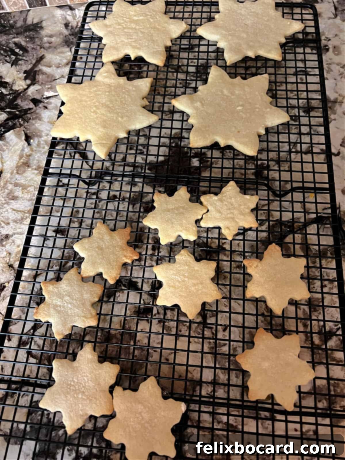 Baked cookies cooling on a wire rack, allowing them to firm up before decoration.