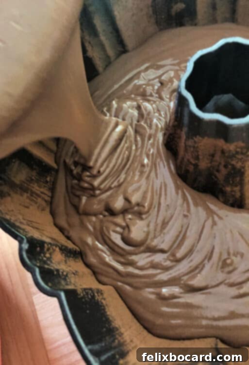 Thick chocolate cake batter being poured into a greased and cocoa-dusted Bundt pan